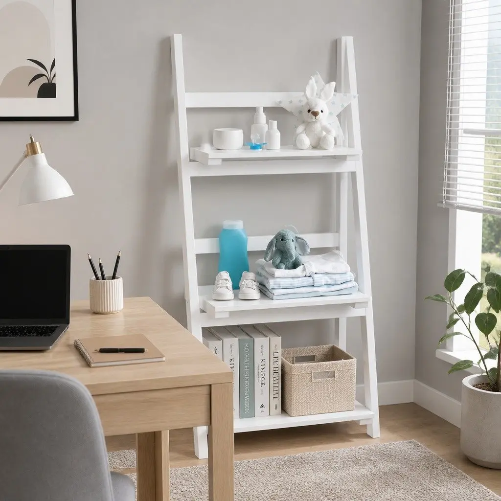 3-Tier Ladder Shelf Paulownia Wood and MDF 110cm White Freestanding Corner Bookcase Storage Display Stand