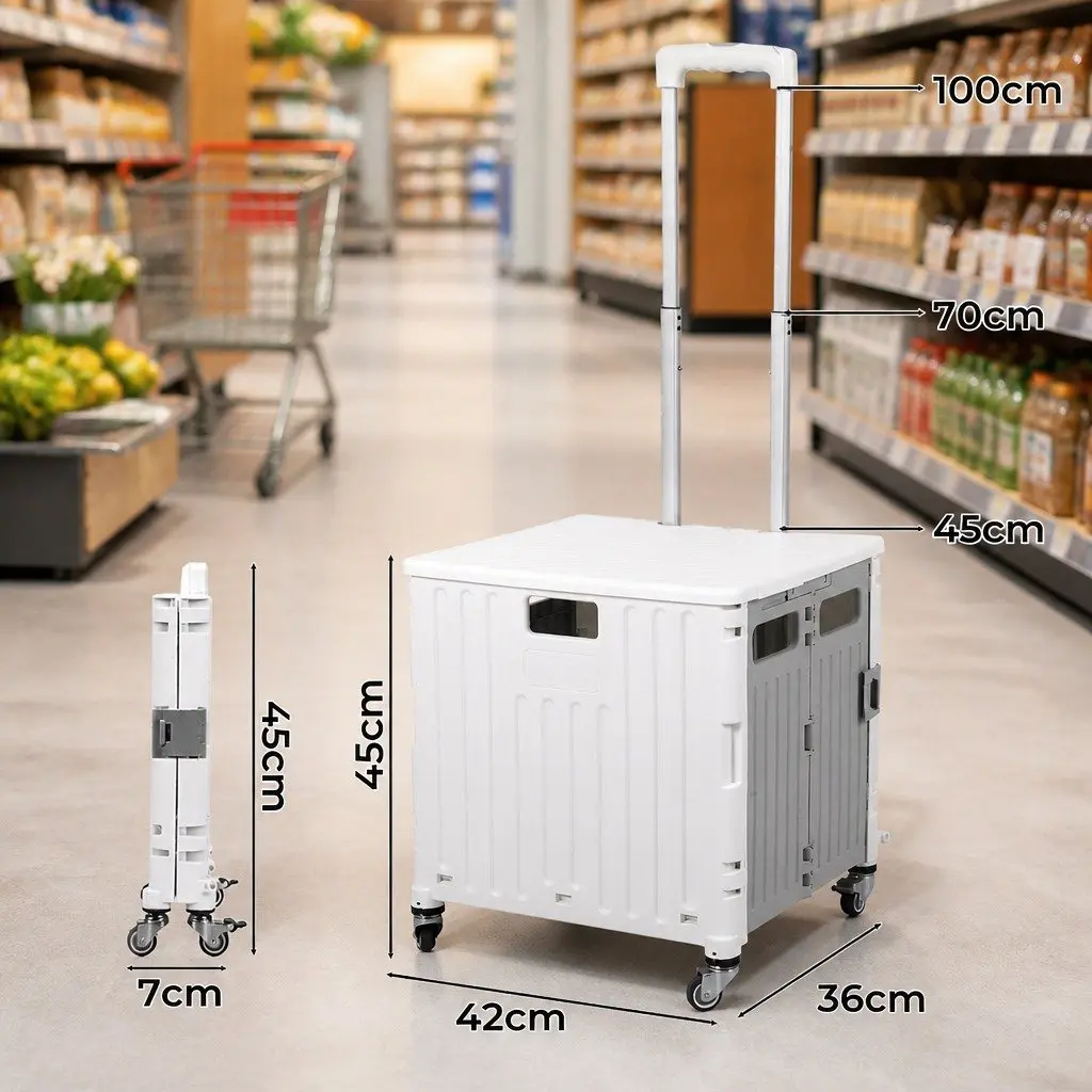 Folding Shopping Trolley Cart Collapsible PP Crate Aluminium Handle TPR Wheels 42cm L Black Green Pink White Grey