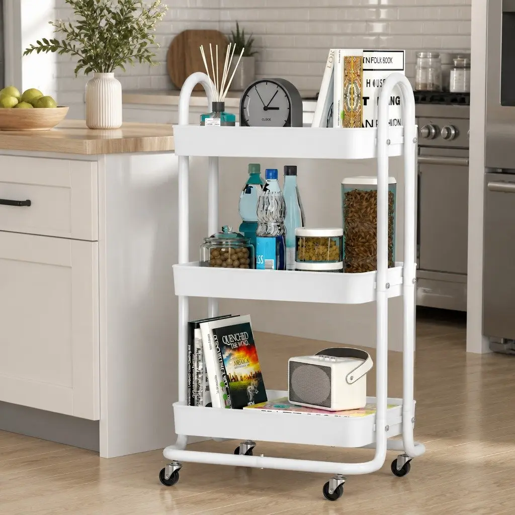 Storage Trolley Kitchen Cart 3 Tier Rack Rolling Wheels Organiser Yellow