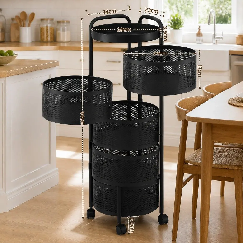5-Tier Storage Trolley Iron Kitchen Cart Rolling Utility Rack Black