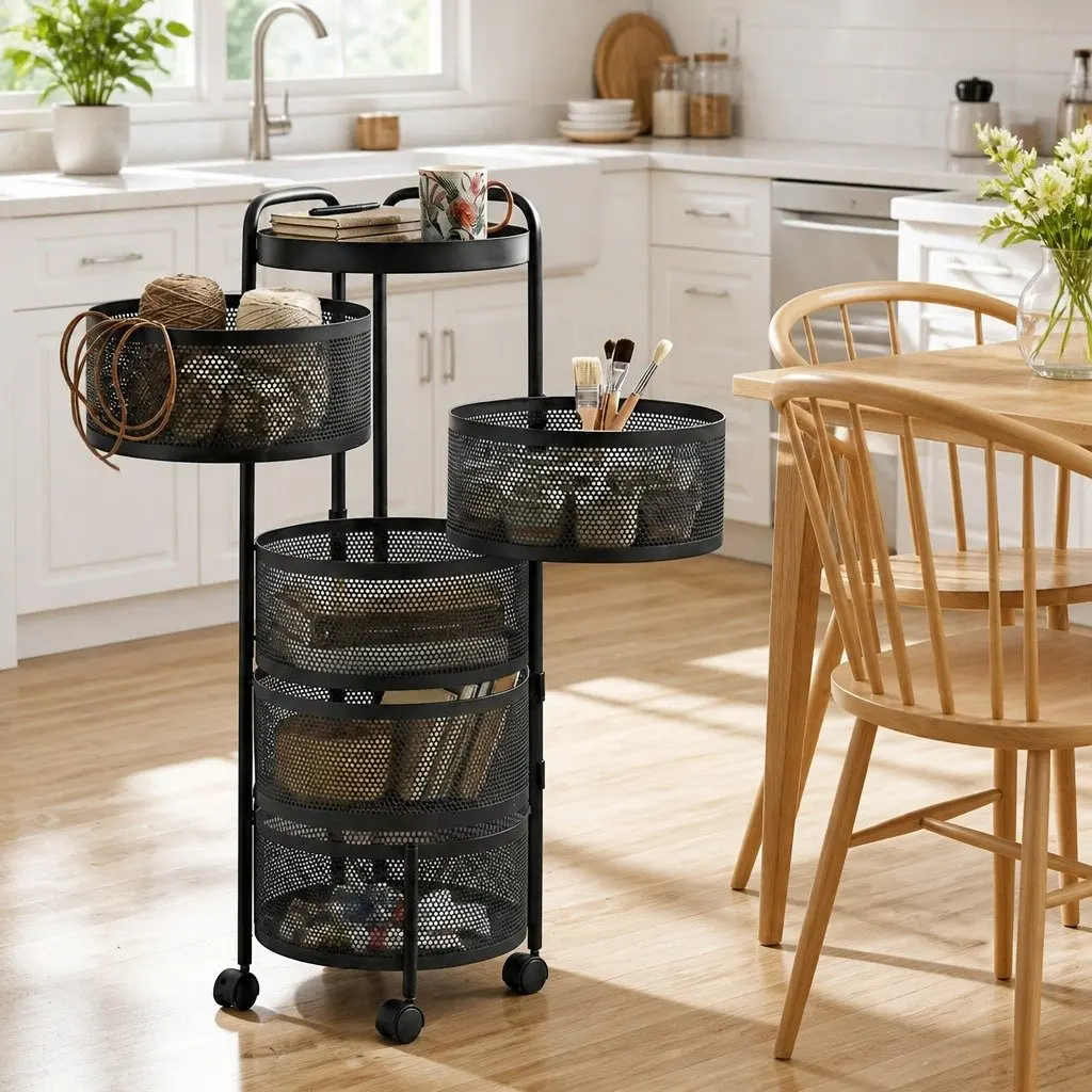 5-Tier Storage Trolley Iron Kitchen Cart Rolling Utility Rack Black