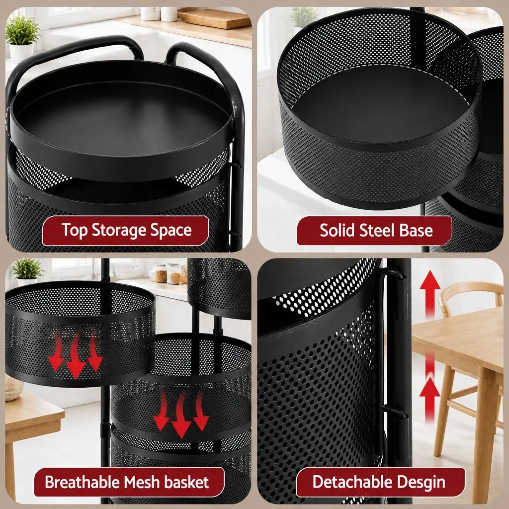 5-Tier Storage Trolley Iron Kitchen Cart Rolling Utility Rack Black