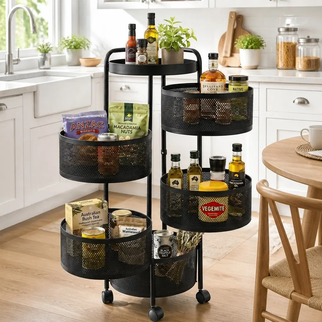5-Tier Storage Trolley Iron Kitchen Cart Rolling Utility Rack Black