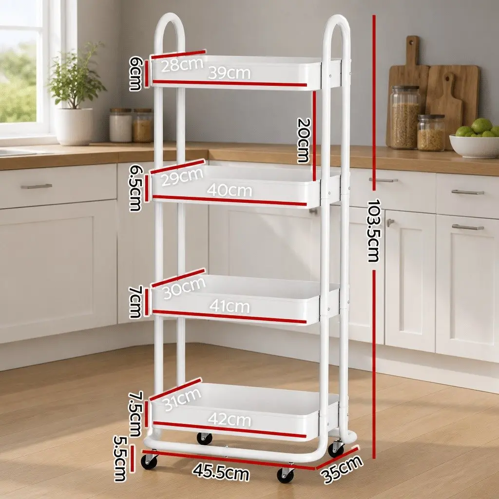 Storage Trolley Steel 4 Tier White Rolling Wheels Portable Home