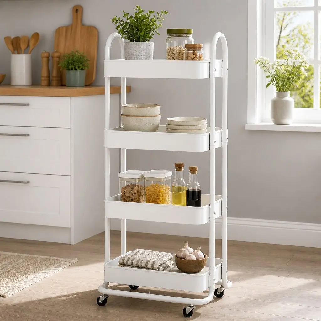Storage Trolley Steel 4 Tier White Rolling Wheels Portable Home