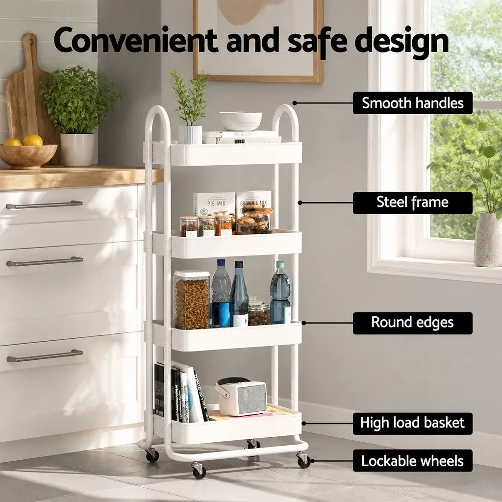 Storage Trolley Steel 4 Tier White Rolling Wheels Portable Home