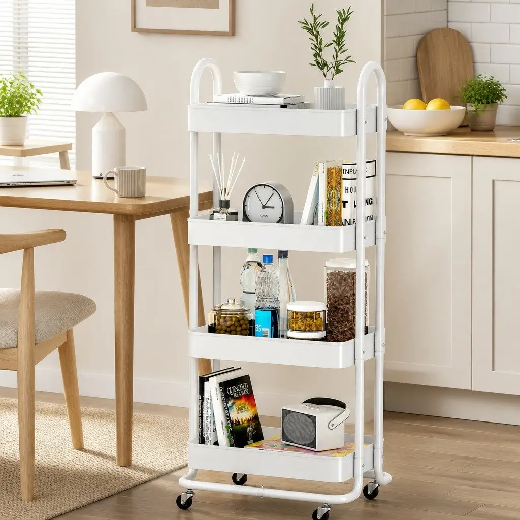 Storage Trolley Steel 4 Tier White Rolling Wheels Portable Home