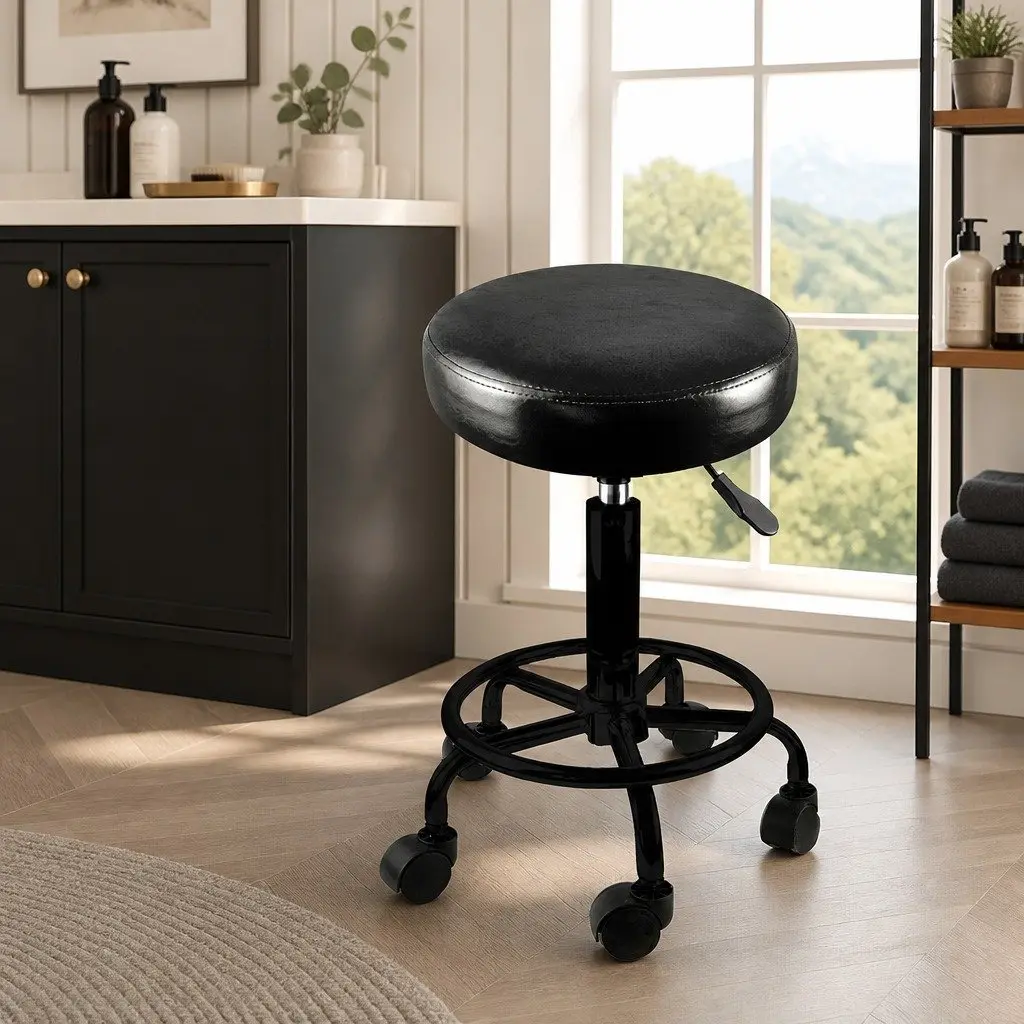 Salon Stool PU Leather Seat Height Adjustable Black 360-Degree Swivel
