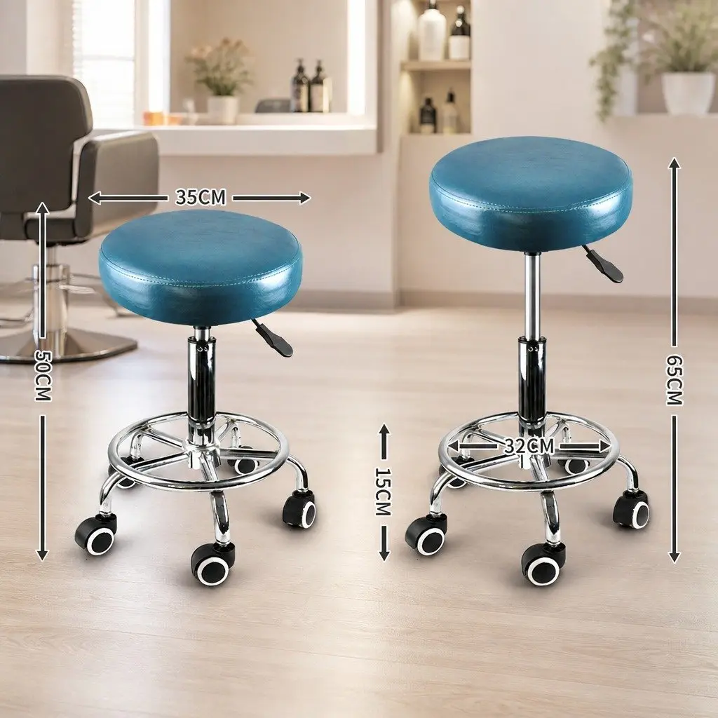 Swivel Bar Stools Height Adjustable PU Leather Teal 36cm Round Cushion with Wheels 4 Piece