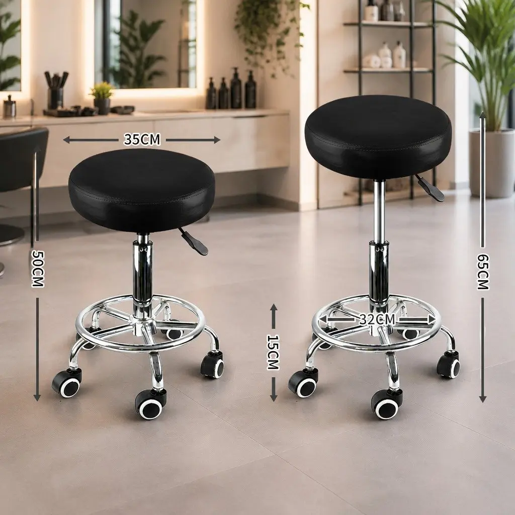 Salon Stool PU Leather High Density Foam 360 Degree Rotation Gas Lift Silver and Black