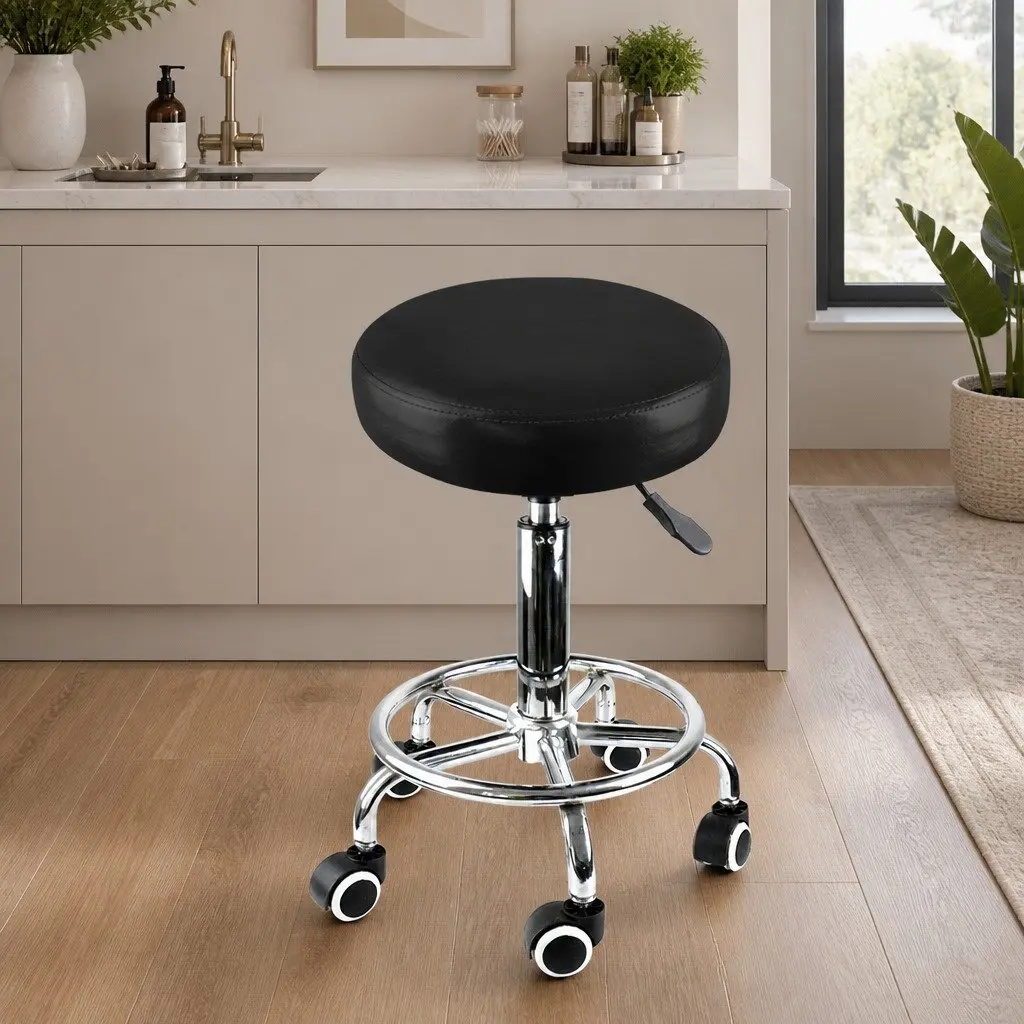 Salon Stool PU Leather High Density Foam 360 Degree Rotation Gas Lift Silver and Black