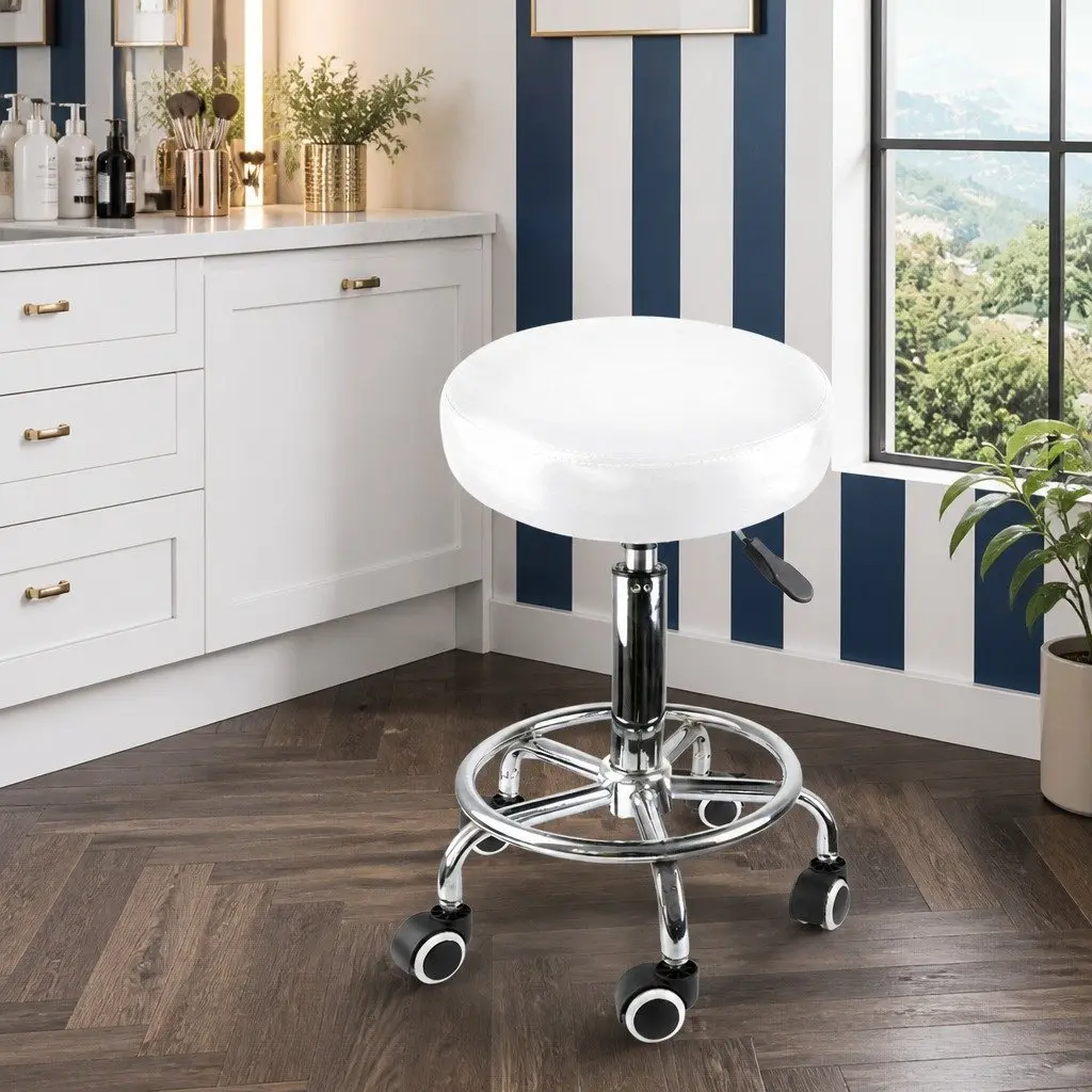 Salon Stool PU Leather Hydraulic Gas Lift 360 Degree Swivel White