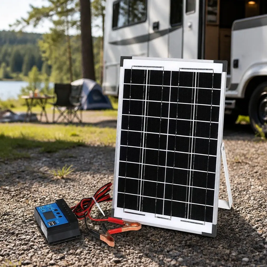 12V Monocrystalline Solar Panel Kit Portable Camping USB Charger 35cm Silver and Black