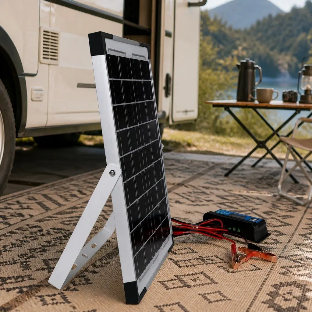 12V Monocrystalline Solar Panel Kit Portable Camping USB Charger 35cm Silver and Black