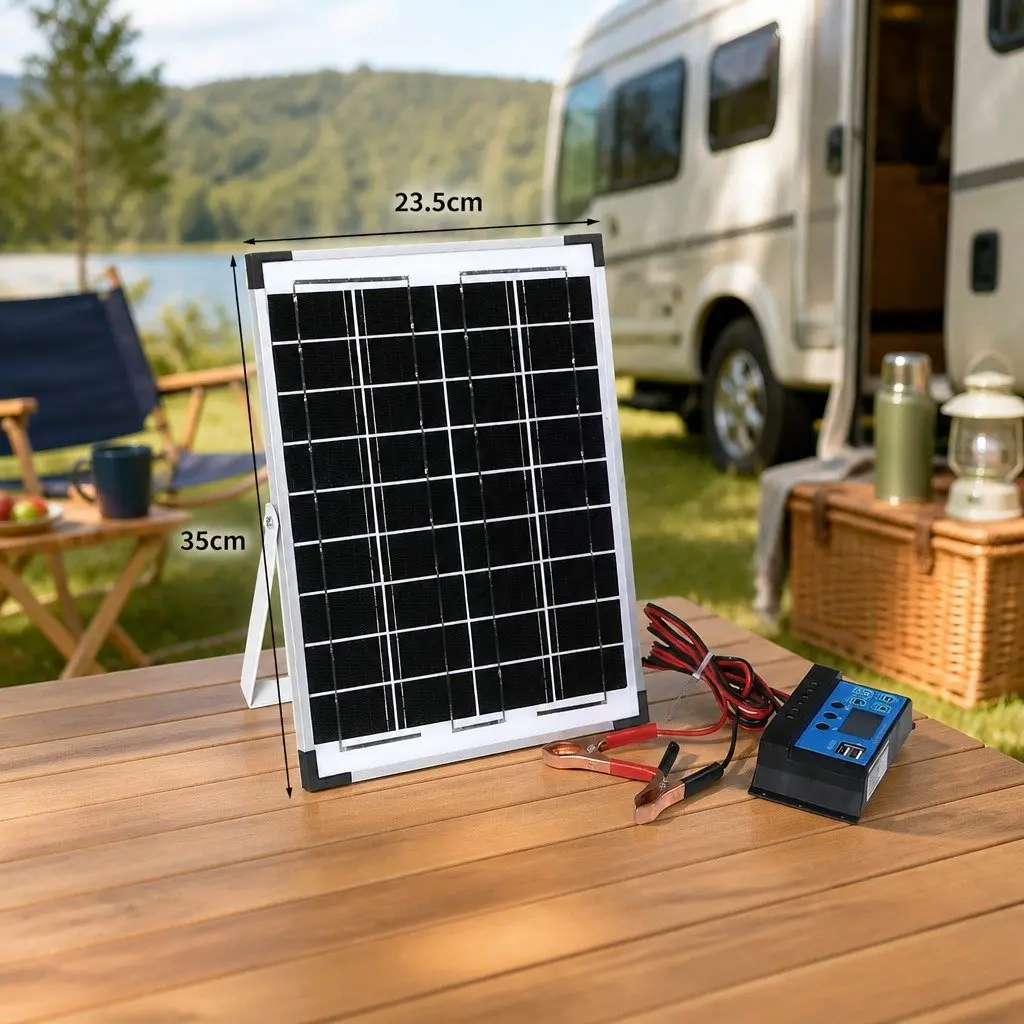 12V Monocrystalline Solar Panel Kit Portable Camping USB Charger 35cm Silver and Black