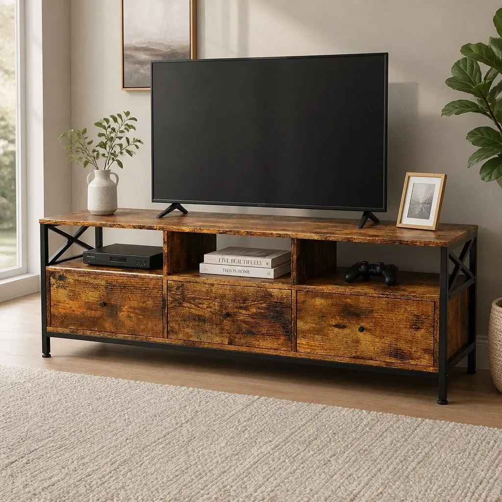 TV Stand Cabinet Industrial Particleboard Steel 147cm Brown