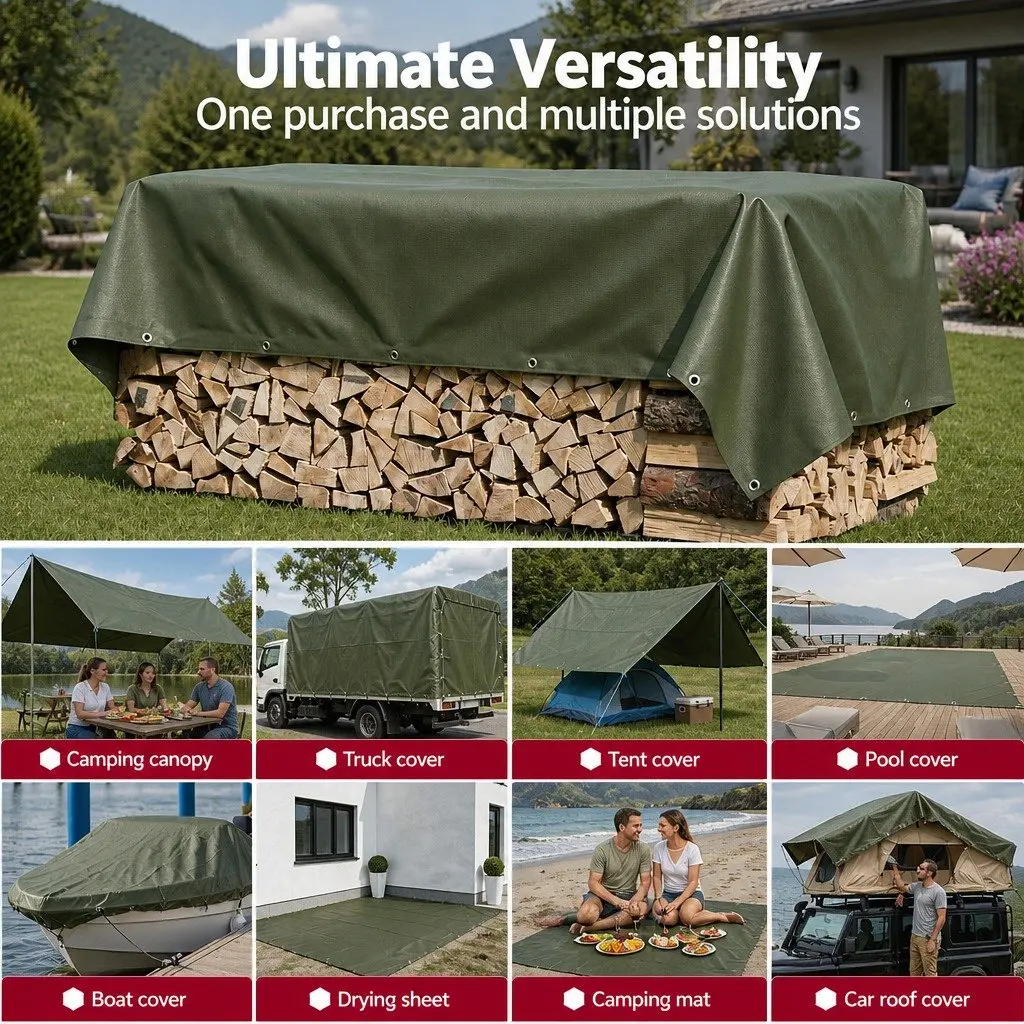 Heavy Duty Canvas Tarp 3x4m Green Waterproof UV Resistant Outdoor Cover