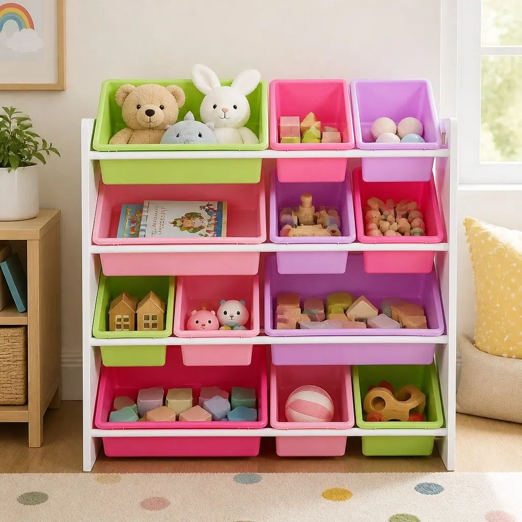 Kids Toy Box Organizer MDF Frame 12 Bins Multi-Colored Storage Cube Shelves