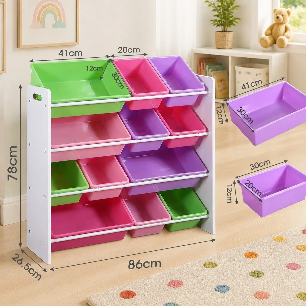 Kids Toy Box Organizer MDF Frame 12 Bins Multi-Colored Storage Cube Shelves