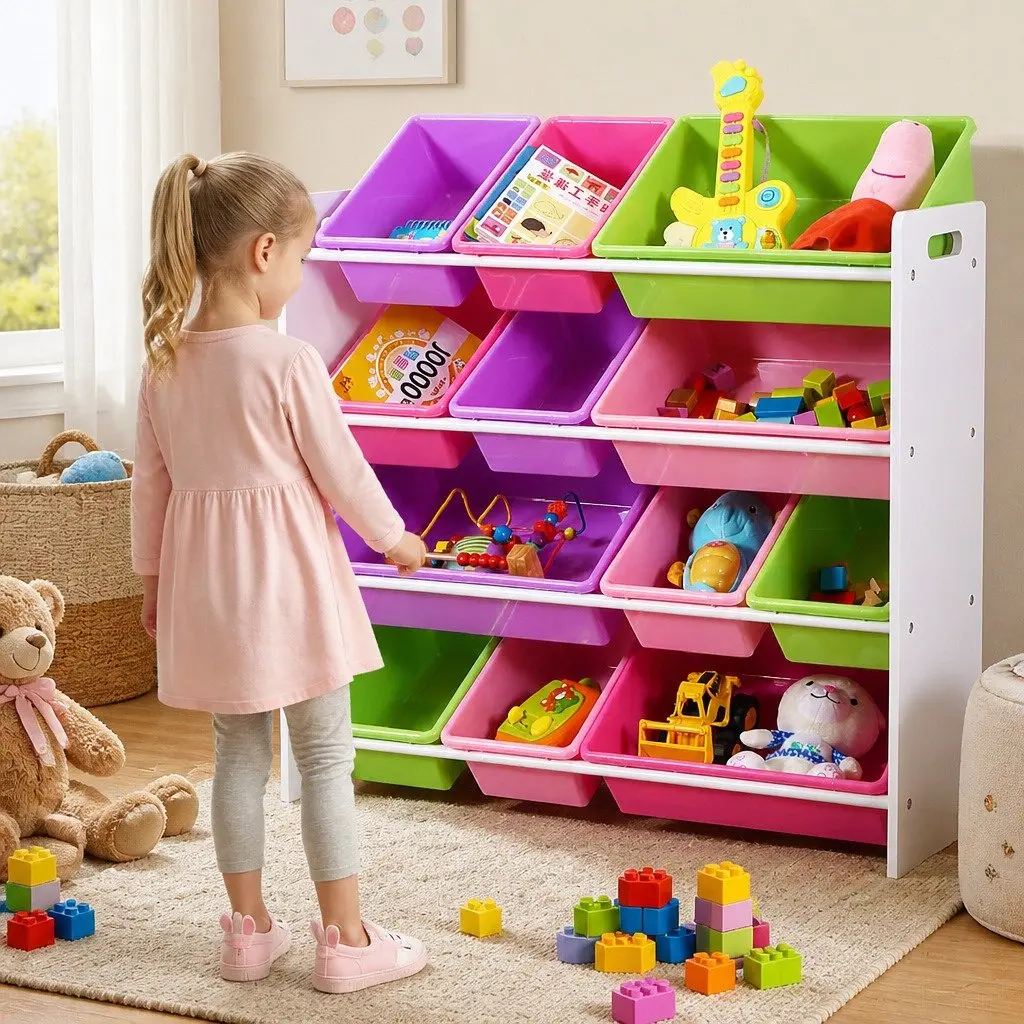 Kids Toy Box Organizer MDF Frame 12 Bins Multi-Colored Storage Cube Shelves