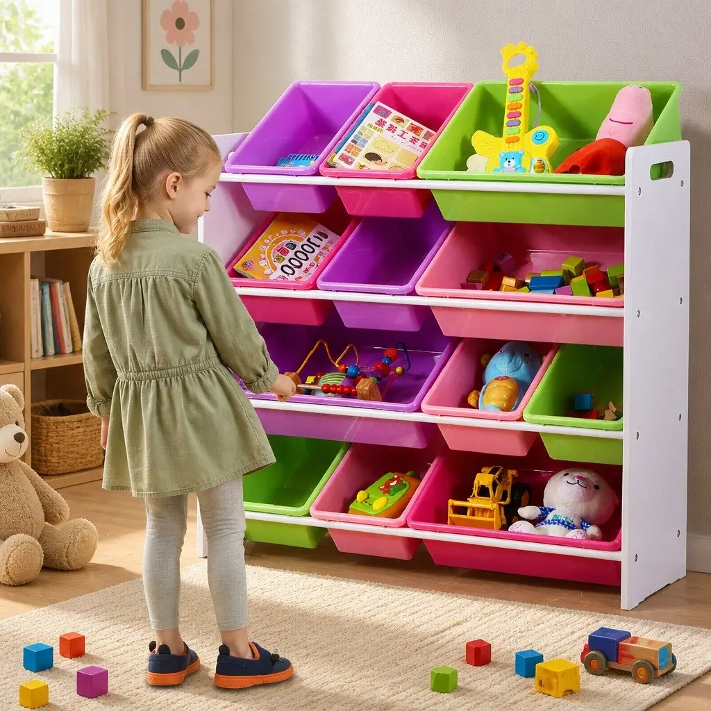 Kids Toy Box Organizer MDF Frame 12 Bins Multi-Colored Storage Cube Shelves