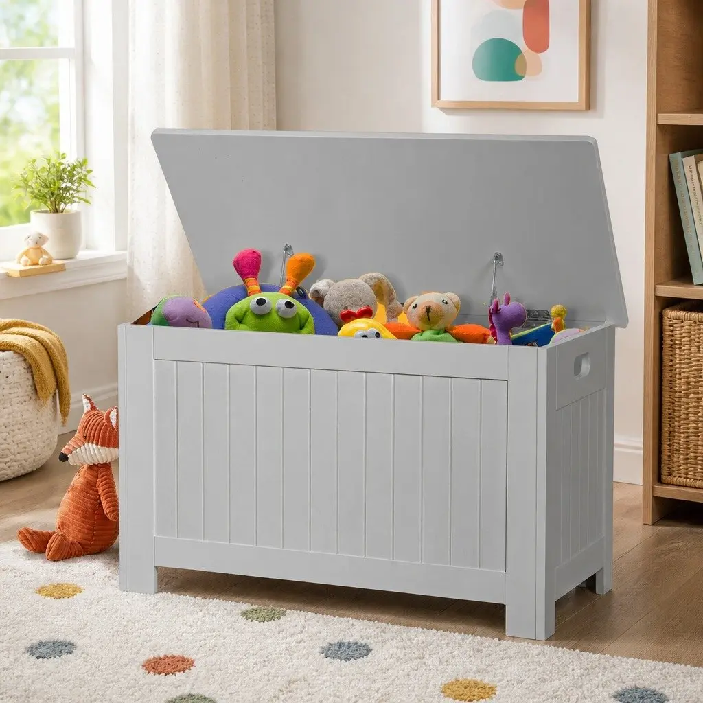 Kids Storage Chest Wooden Bench Seat Organiser Grey 81cm x 40cm x 46.5cm