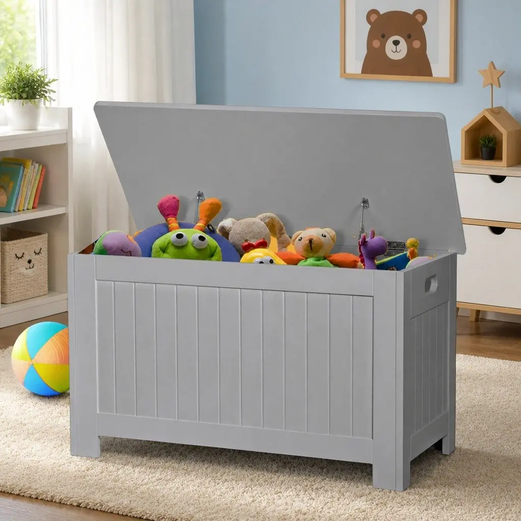 Kids Storage Chest Wooden Bench Seat Organiser Grey 81cm x 40cm x 46.5cm