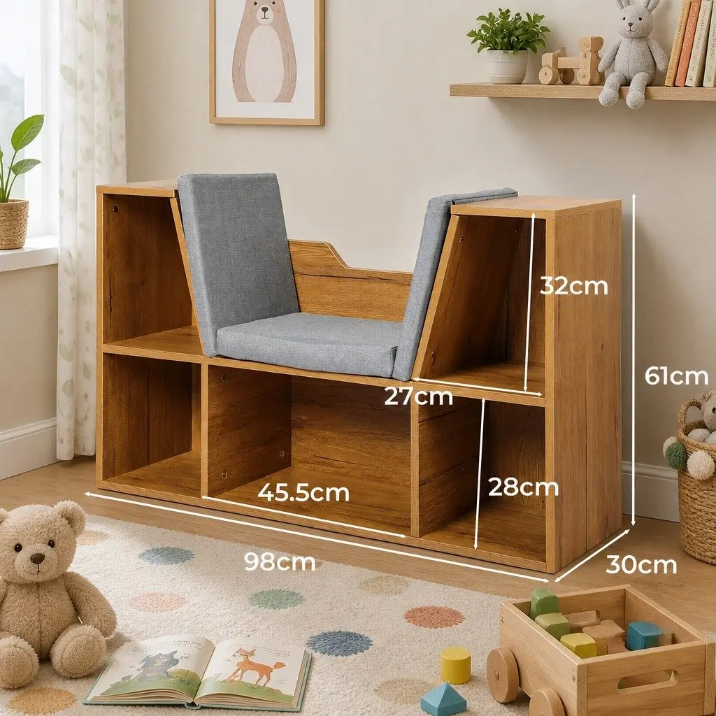 Kids Toy Box Bookcase Storage Organiser Shelf MDF Brown 98cm L x 30cm W x 61cm H