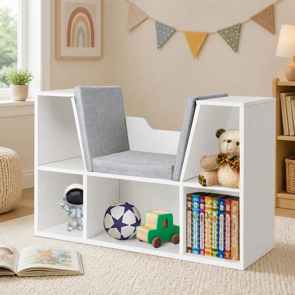 Kids Toy Box Storage Bookcase Shelf Organiser MDF 98cm L x 30cm W x 61cm H White