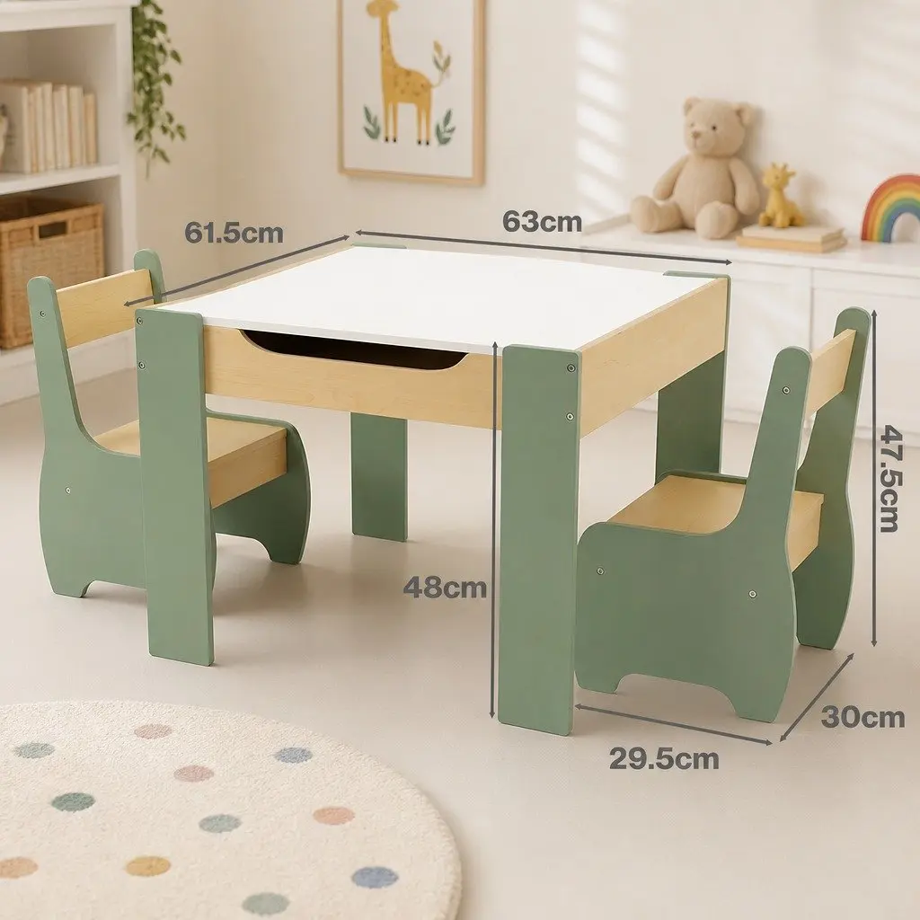 Kids Table and Chairs Set 3-in-1 MDF Morandi Green Reversible Chalkboard Desk with Under-table Storage