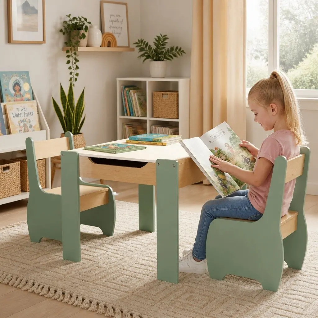 Kids Table and Chairs Set 3-in-1 MDF Morandi Green Reversible Chalkboard Desk with Under-table Storage