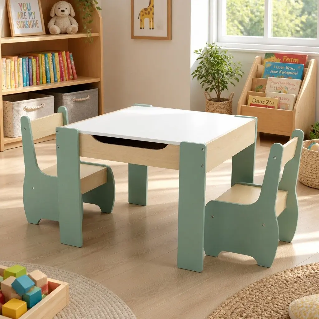 Kids Table and Chairs Set 3-in-1 MDF Morandi Green Reversible Chalkboard Desk with Under-table Storage