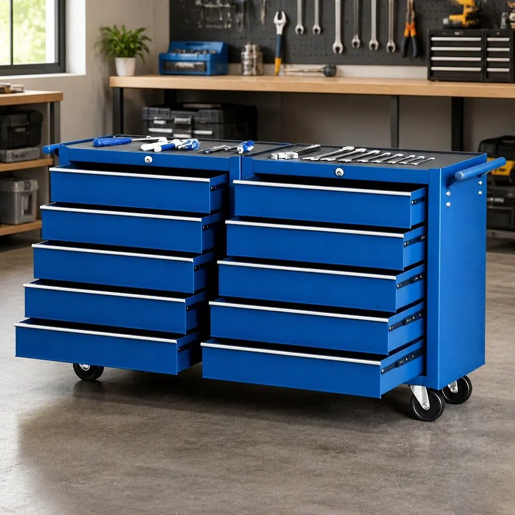 Tool Storage Trolley Heavy Duty Steel Construction 10 Drawers Blue