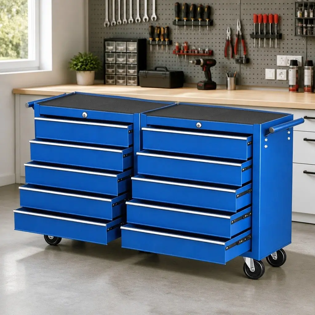 Tool Storage Trolley Heavy Duty Steel Construction 10 Drawers Blue