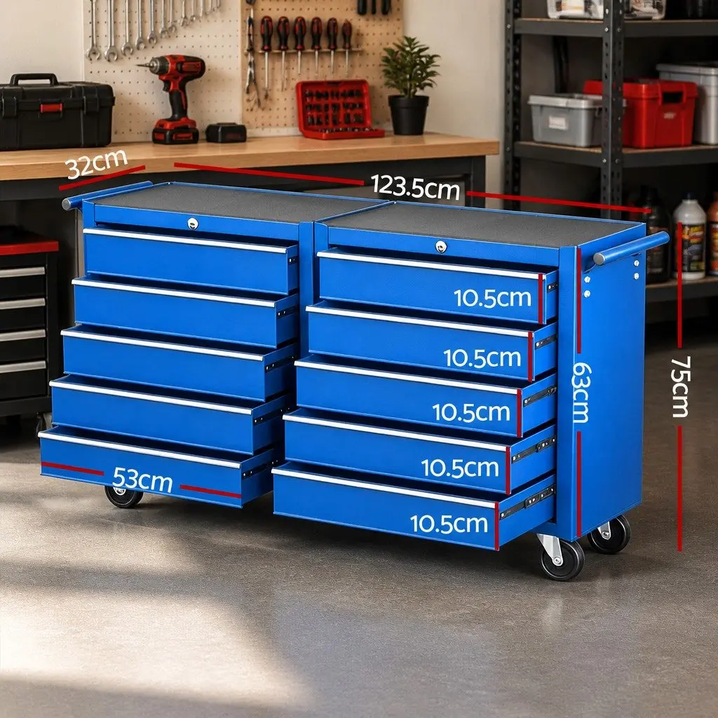 Tool Storage Trolley Heavy Duty Steel Construction 10 Drawers Blue