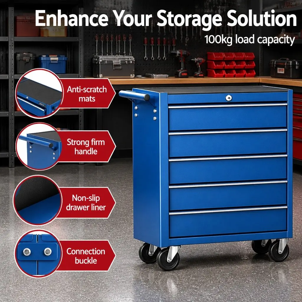 Tool Storage Trolley Heavy Duty Steel Construction 10 Drawers Blue