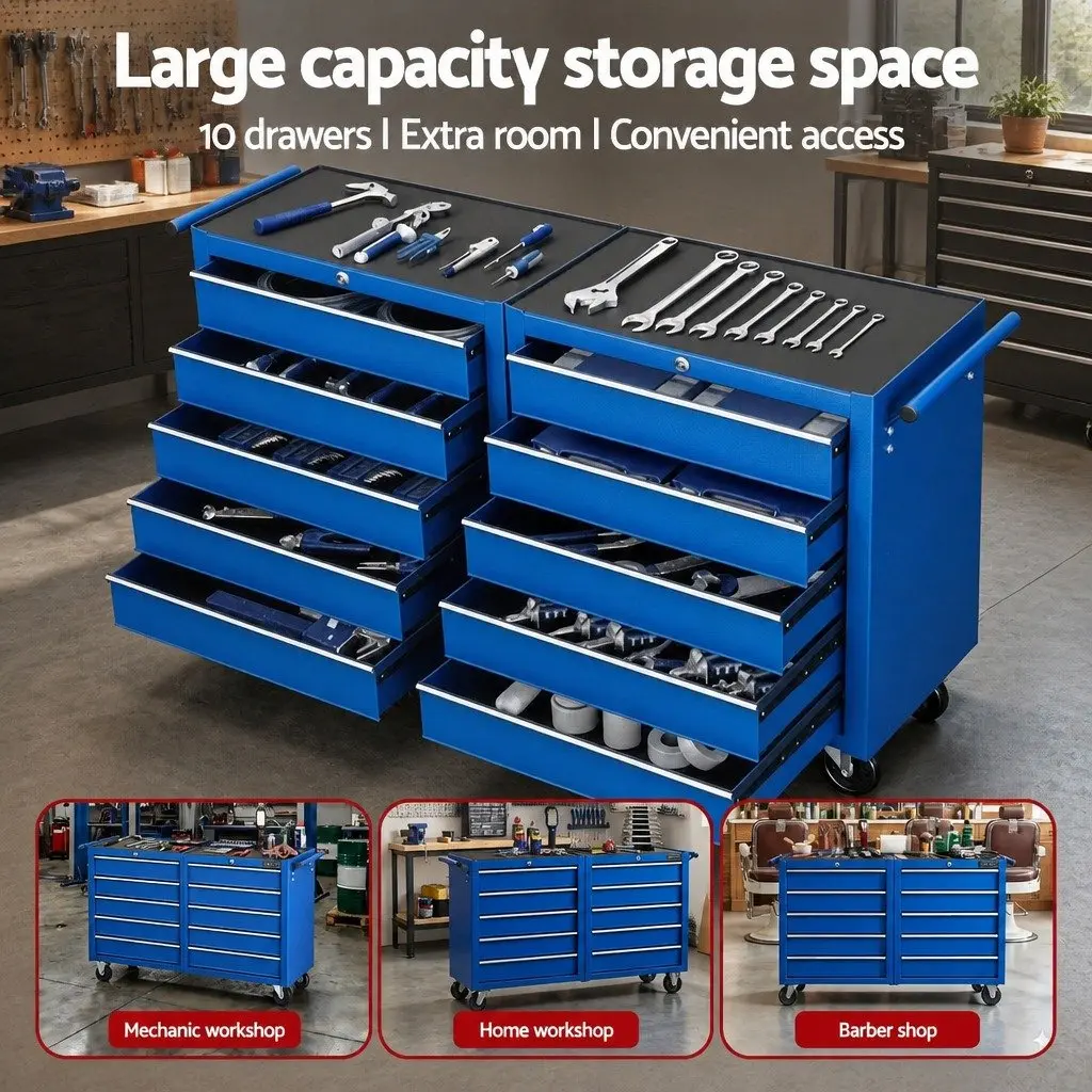 Tool Storage Trolley Heavy Duty Steel Construction 10 Drawers Blue