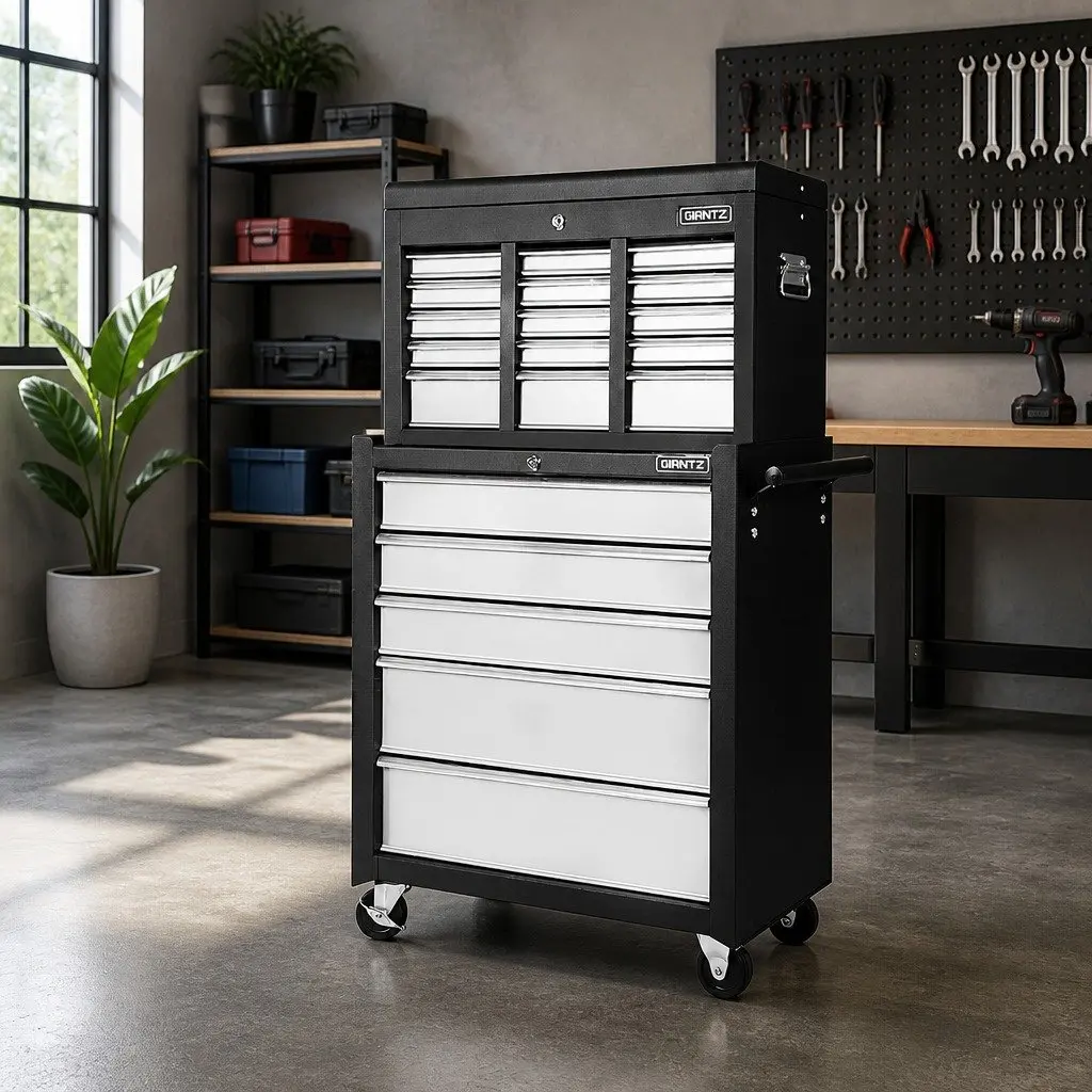 Tool Cabinet Steel 14 Drawer Storage Trolley Mobile Black Grey