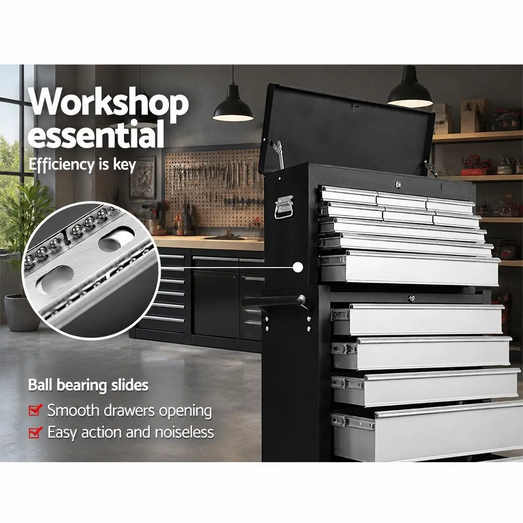 Tool Cabinet Steel 14 Drawer Storage Trolley Mobile Black Grey
