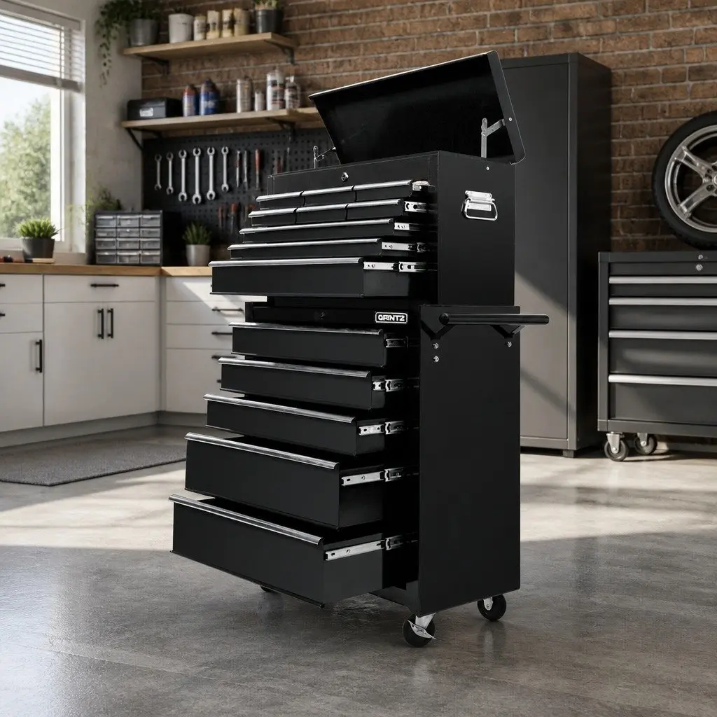 Tool Cabinet Chest Steel 14 Drawer Mobile Trolley Black 61.5cm x 33cm x 112cm