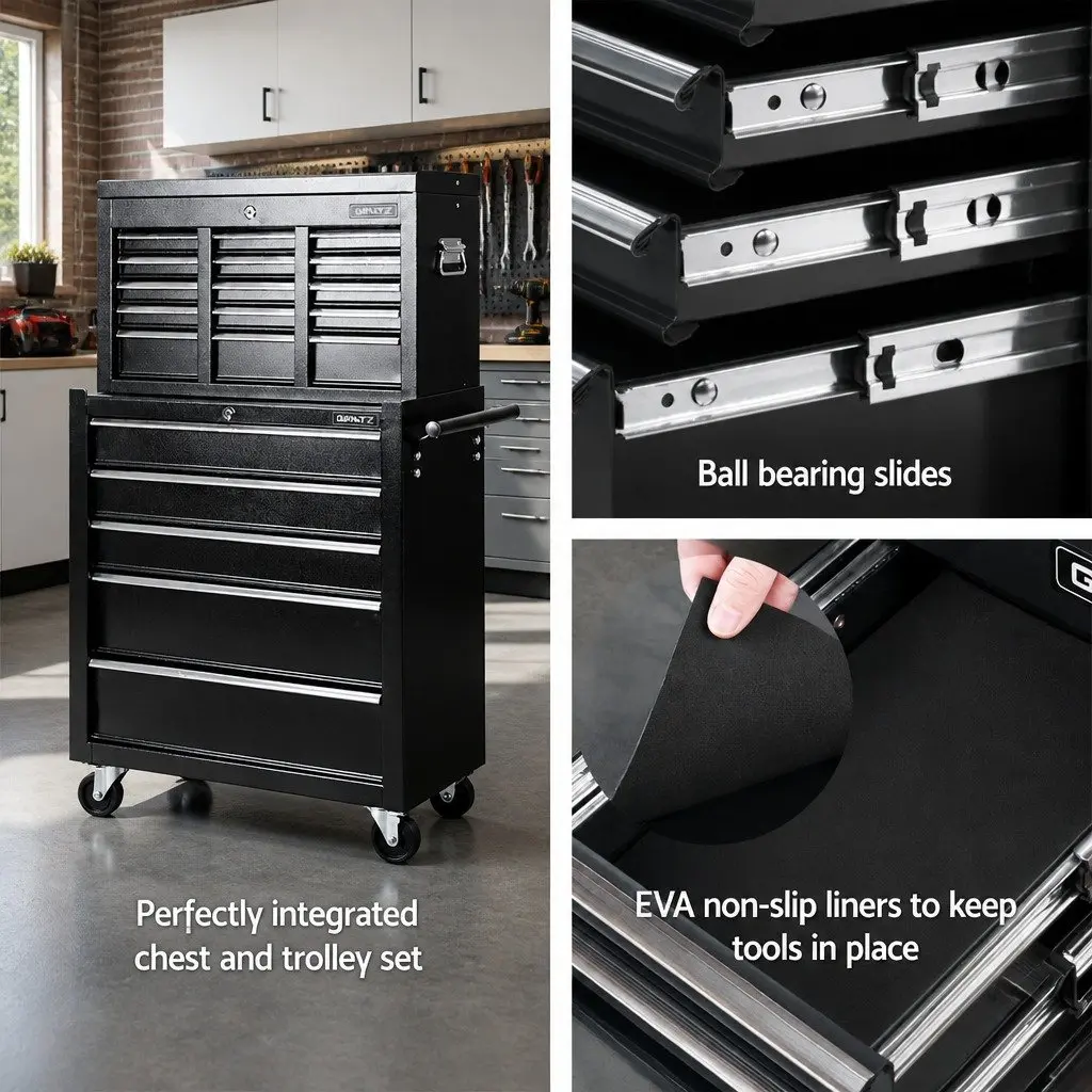 Tool Cabinet Chest Steel 14 Drawer Mobile Trolley Black 61.5cm x 33cm x 112cm