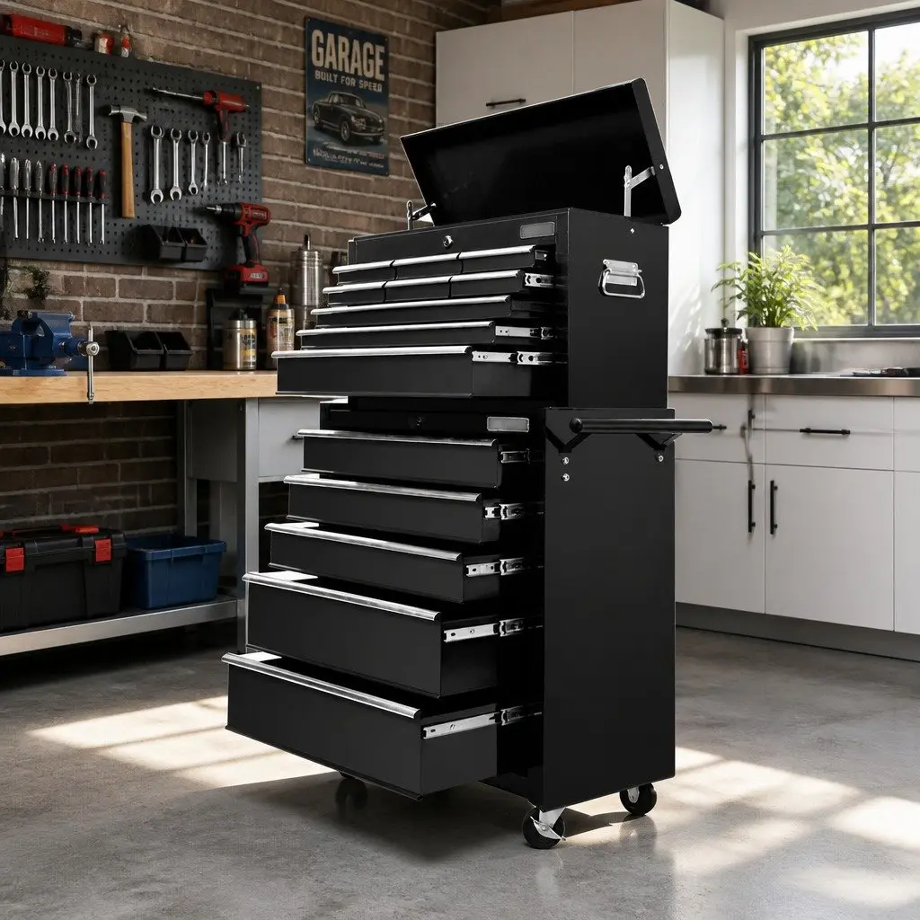 Tool Cabinet Chest Steel 14 Drawer Mobile Trolley Black 61.5cm x 33cm x 112cm