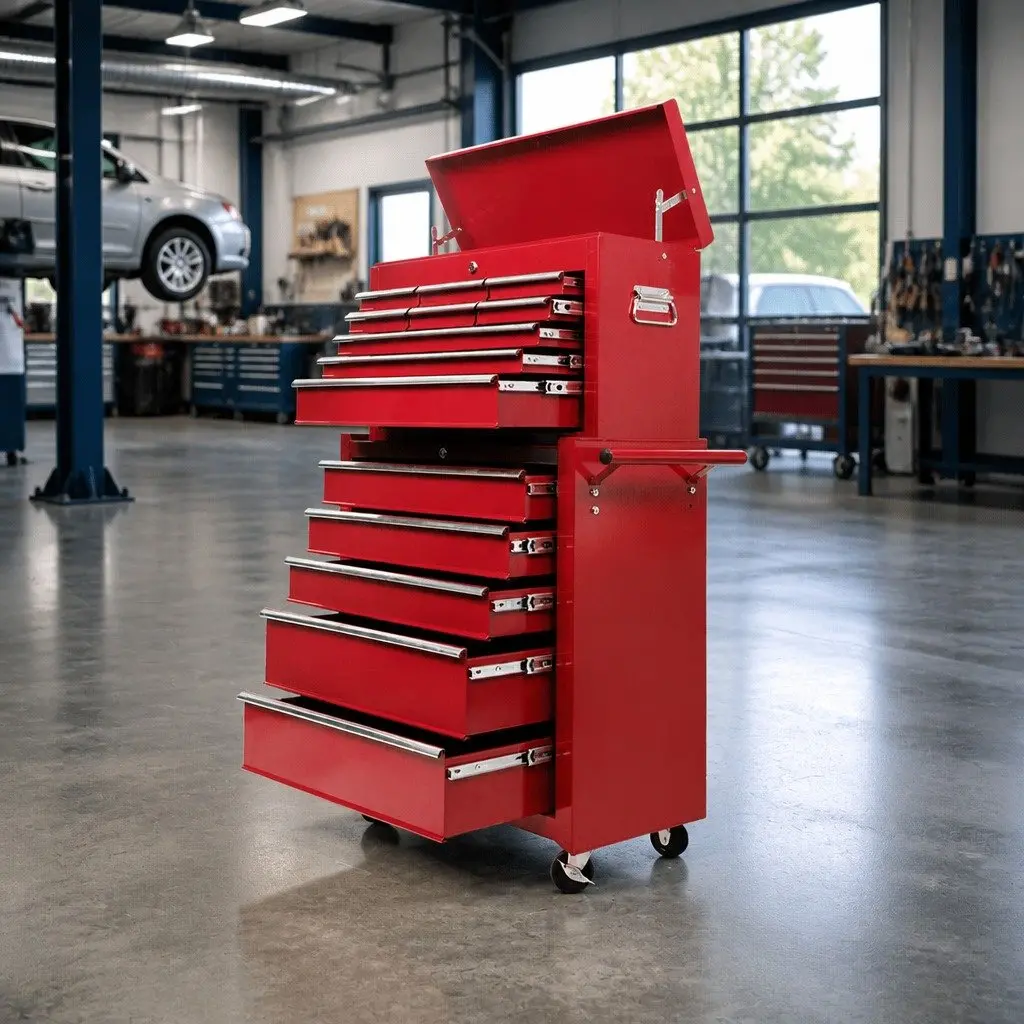14 Drawer Tool Box Cabinet Storage Trolley Chest Steel Red
