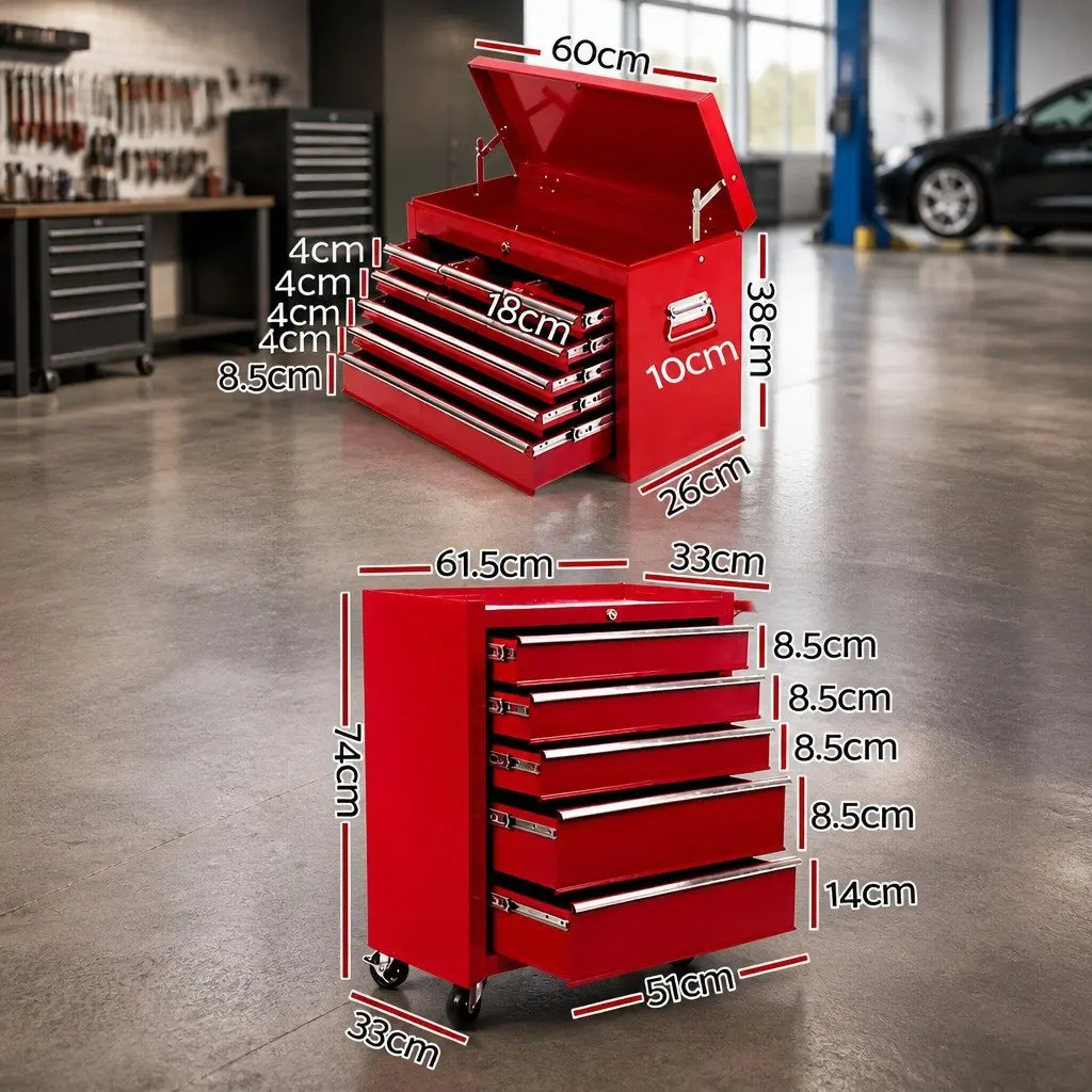 14 Drawer Tool Box Cabinet Storage Trolley Chest Steel Red