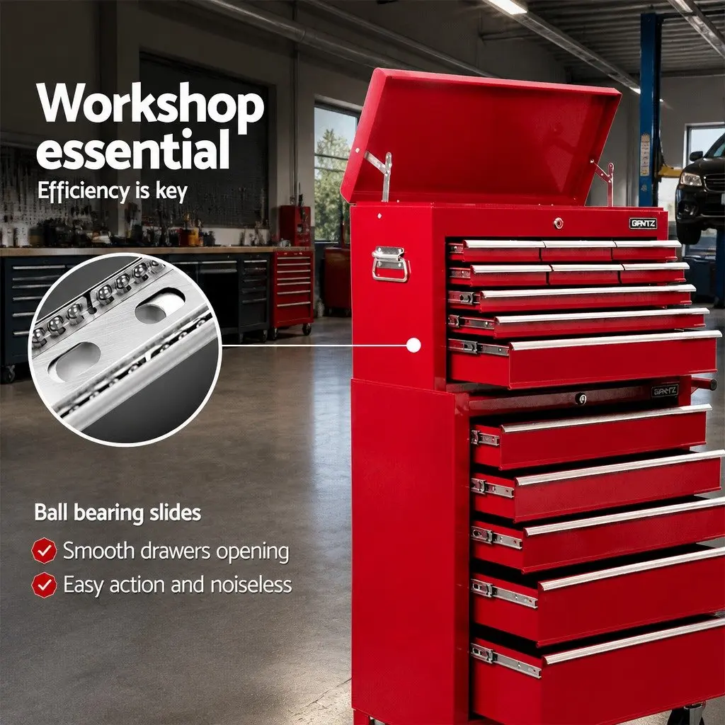 14 Drawer Tool Box Cabinet Storage Trolley Chest Steel Red