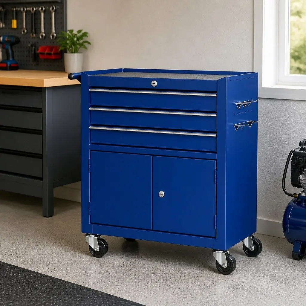 Tool Box Cabinet Storage Organiser 3 Drawer Powder-coated Steel 68.5cm L x 33.5cm W x 74.5cm H Blue