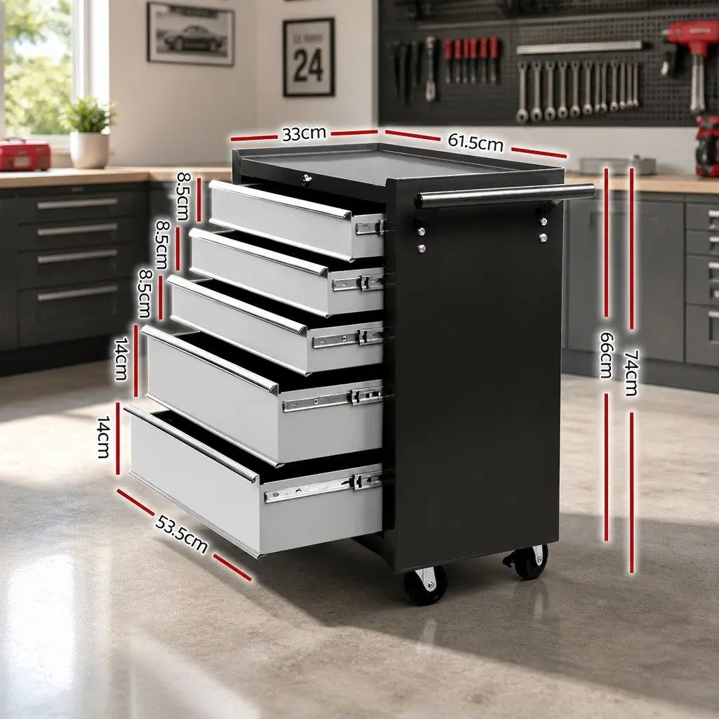 5 Drawer Tool Trolley Steel Construction Garage Organizer Black or Grey 61.5cm x 33cm x 74cm