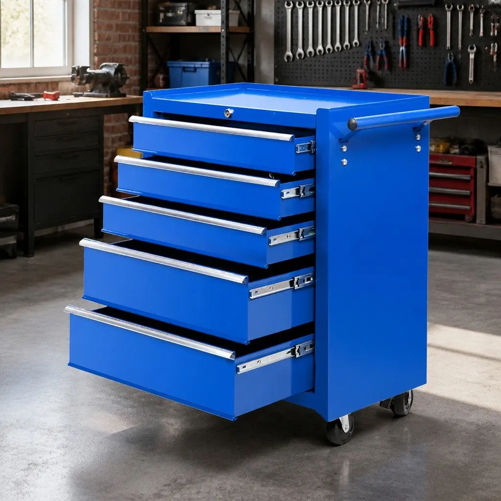 Tool Cabinet Steel 5 Drawer Trolley Storage Organizer Blue