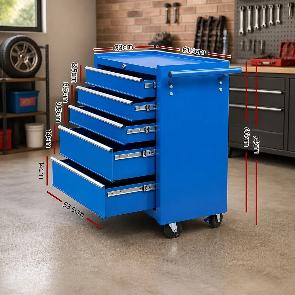 Tool Cabinet Steel 5 Drawer Trolley Storage Organizer Blue