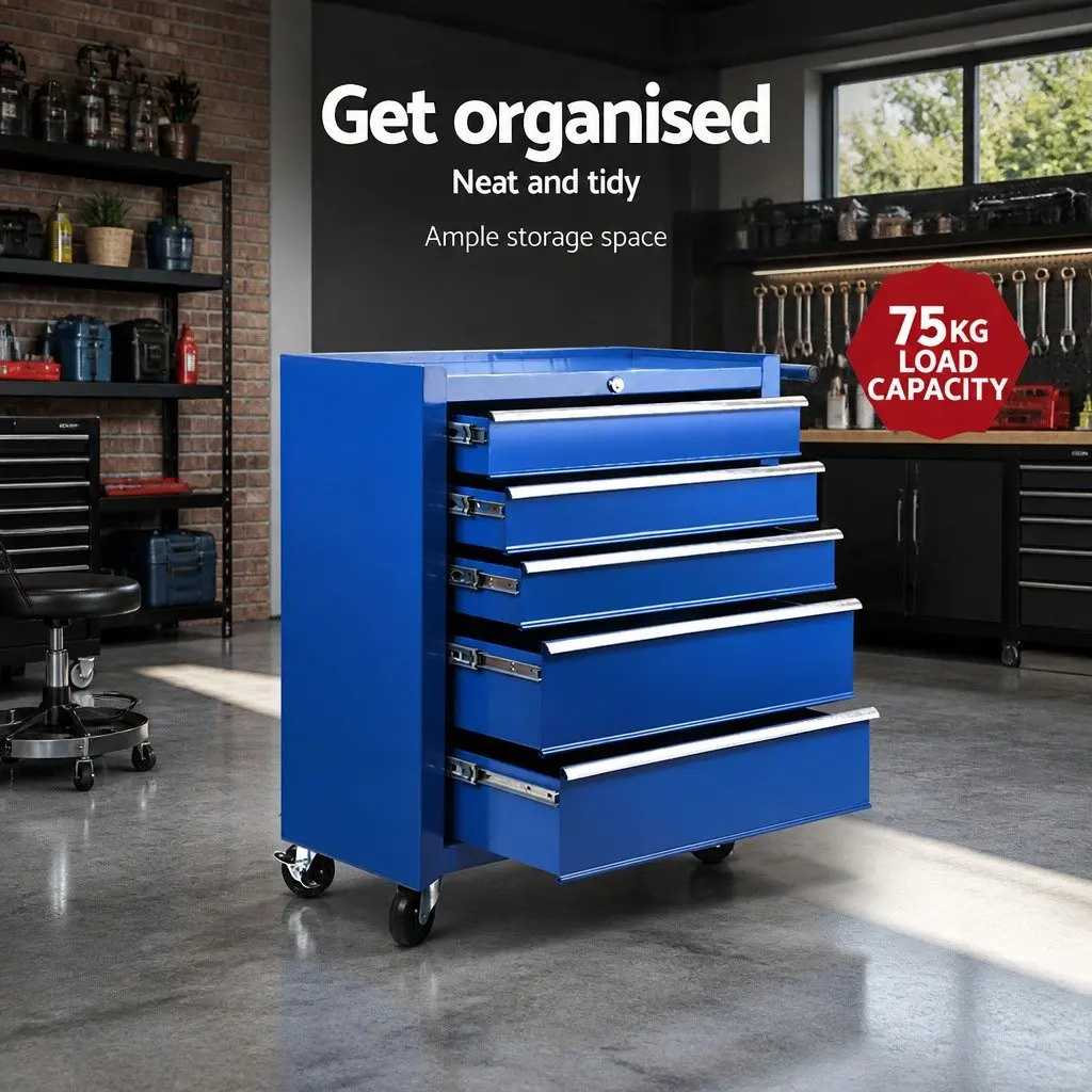 Tool Cabinet Steel 5 Drawer Trolley Storage Organizer Blue